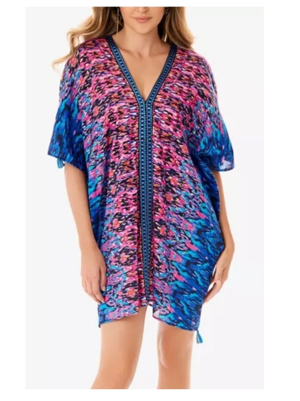 Miraclesuit vesuvio Multicolor V-Neck Tassel caftan  — Blue & Pink swim coverup